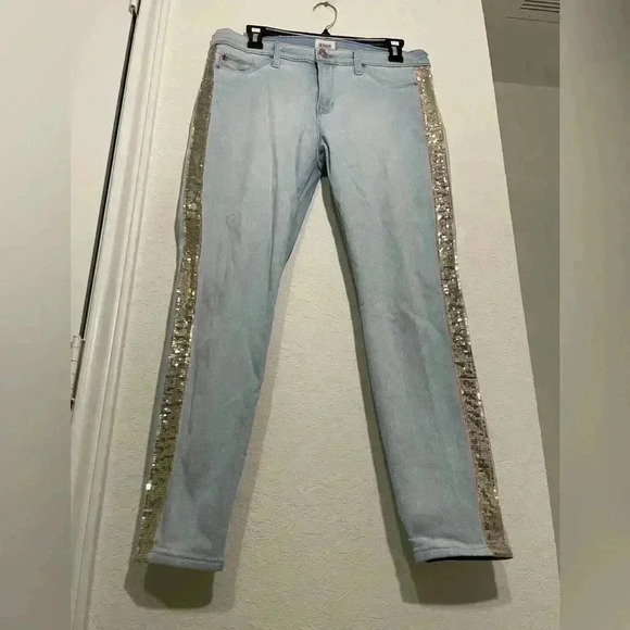 Hudson Light Wash Luna Cropped Super Skinny Silver Sequined Jeans Womens Size 32 - Picture 5 of 9